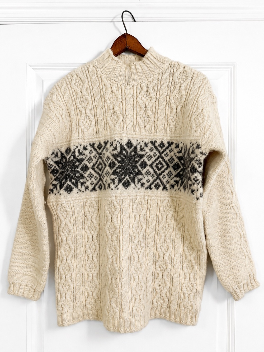 Paul James Pure Wool Fair Isle Cable Knit Sweater Men’s Small Cream Nordic Mock